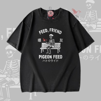 FÜTTERTAUBEN-FÜTTERUNG Skelett-Grafik Modakawa Vintage gewaschenes T-Shirt aus 100 % Baumwolle - Black - 5XL - image 1