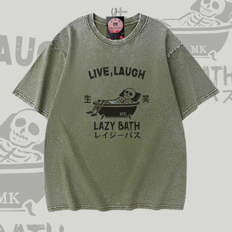 LIVE LAUGH LAZY BATH Skelett-Grafik Modakawa Vintage Washed 100% Cotton T-Shirt - Green - 5XL - image 1
