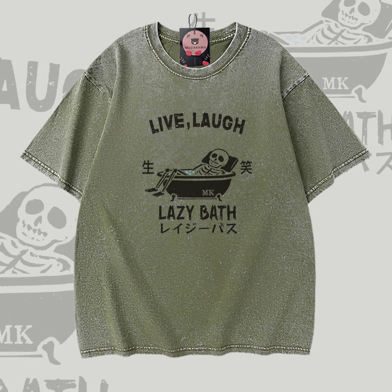 LIVE LAUGH LAZY BATH Skelett-Grafik Modakawa Vintage Washed 100% Cotton T-Shirt - Green - 5XL - image 1