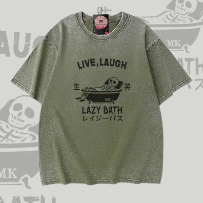 LIVE LAUGH LAZY BATH Skelett-Grafik Modakawa Vintage Washed 100% Cotton T-Shirt - Green - 5XL - image 1