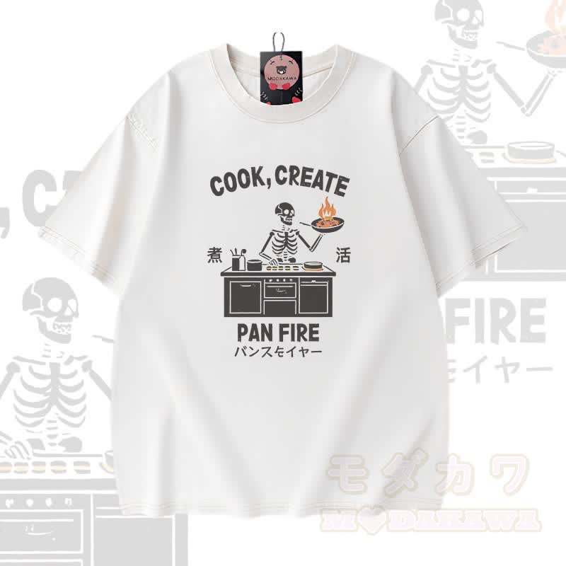 COOK CREATE PAN FIRE Skelett-Grafik Modakawa Vintage Washed 100% Cotton T-Shirt - Weiß - 5XL - image 2