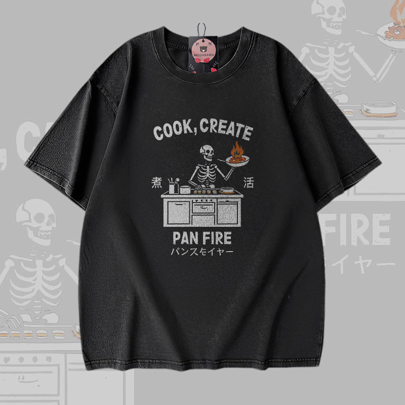 COOK CREATE PAN FIRE Skelett-Grafik Modakawa Vintage Washed 100% Cotton T-Shirt - Black - 5XL - image 1