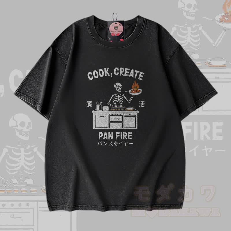 COOK CREATE PAN FIRE Skelett-Grafik Modakawa Vintage Washed 100% Cotton T-Shirt - Schwarz - 5XL - image 1