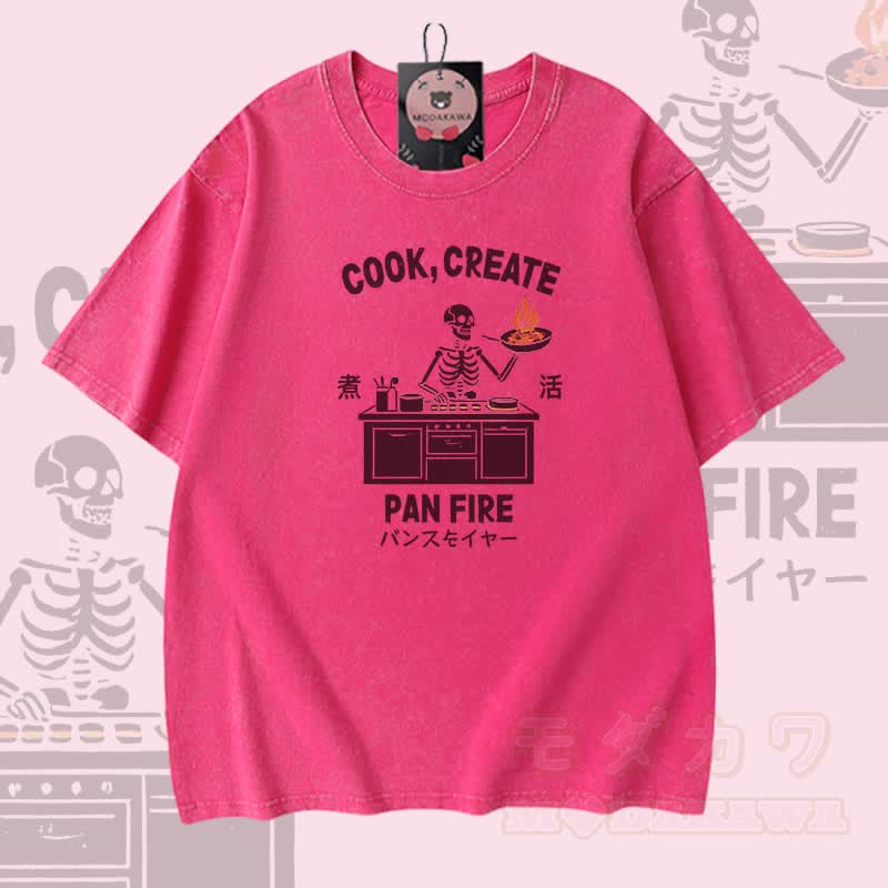 COOK CREATE PAN FIRE Skelett-Grafik Modakawa Vintage Washed 100% Cotton T-Shirt - Rosenrot - 5XL - image 4
