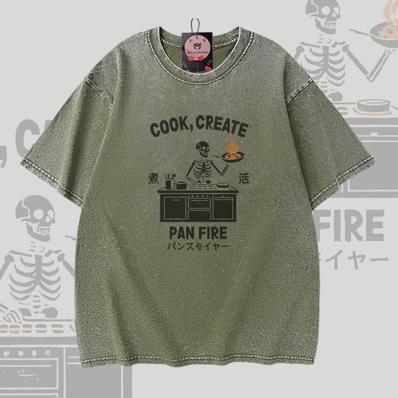 COOK CREATE PAN FIRE Skelett-Grafik Modakawa Vintage Washed 100% Cotton T-Shirt - Green - 5XL - image 3