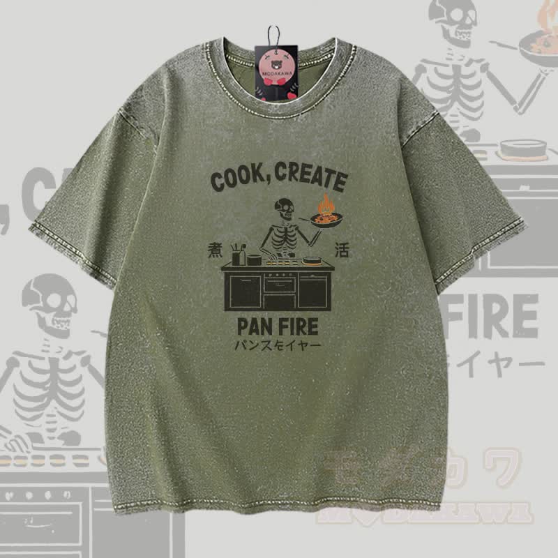 COOK CREATE PAN FIRE Skelett-Grafik Modakawa Vintage Washed 100% Cotton T-Shirt - Grün - 5XL - image 3