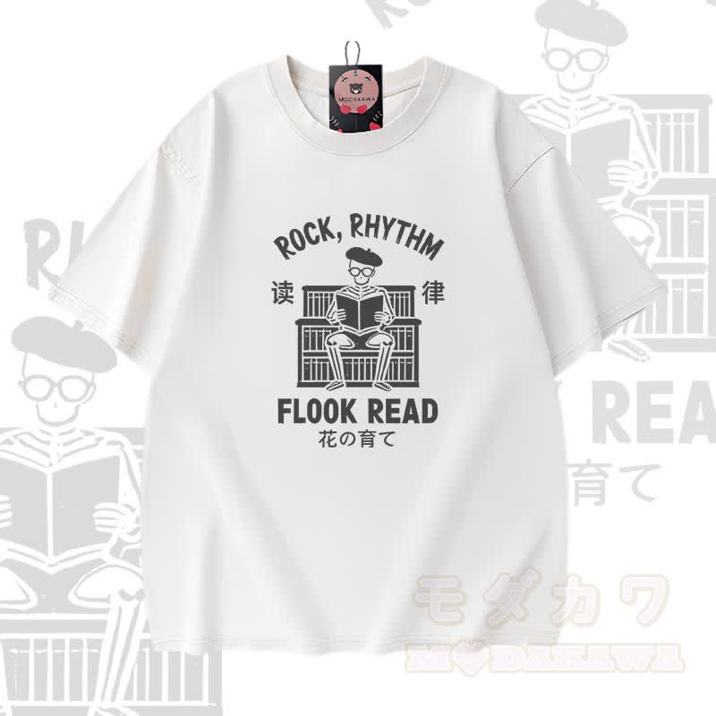 ROCK RHYTHM FLOOK READ Skeleton Graphic Modakawa Vintage Washed 100% Cotton T-shirt - Weiß - 5XL - image 2