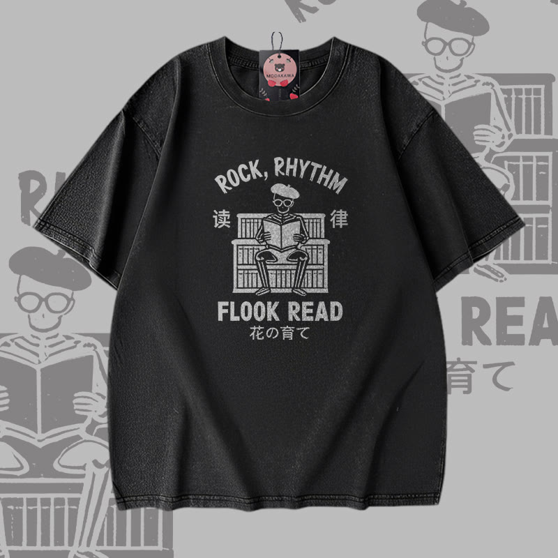 ROCK RHYTHM FLOOK READ Skeleton Graphic Modakawa Vintage Washed 100% Cotton T-Shirt - Black - 5XL - image 1
