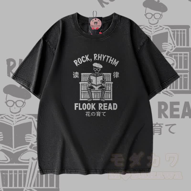 ROCK RHYTHM FLOOK READ Skeleton Graphic Modakawa Vintage Washed 100% Cotton T-shirt - Schwarz - 5XL - image 1