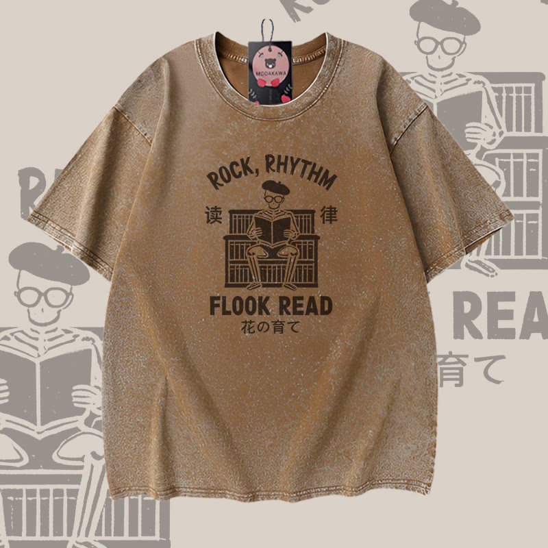ROCK RHYTHM FLOOK READ Skeleton Graphic Modakawa Vintage Washed 100% Cotton T-Shirt - Brown - 5XL - image 3