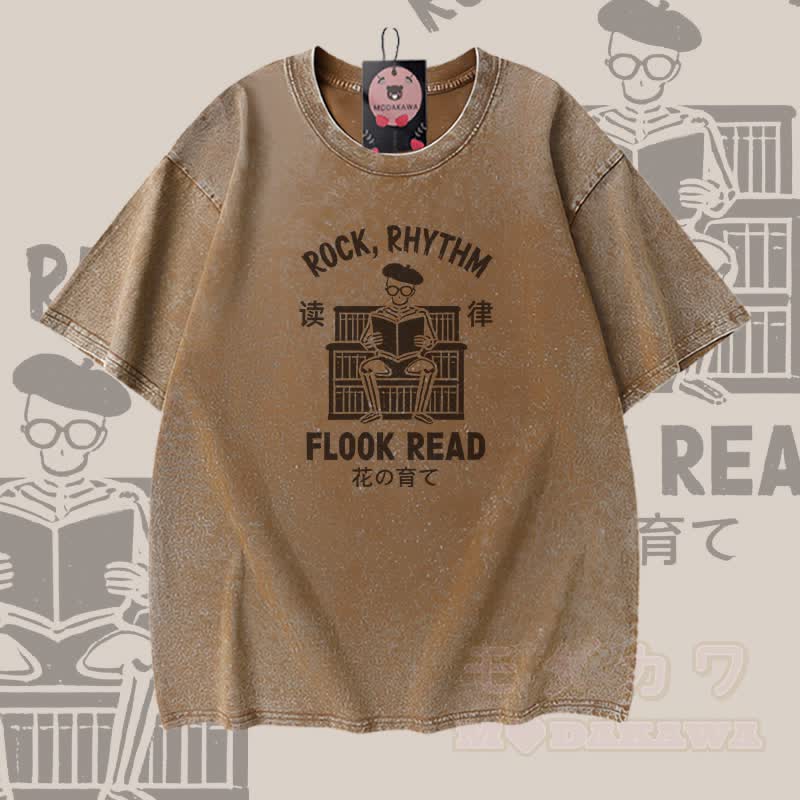 ROCK RHYTHM FLOOK READ Skeleton Graphic Modakawa Vintage Washed 100% Cotton T-shirt - Braun - 5XL - image 3