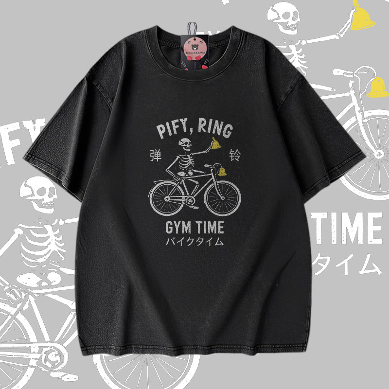 PIFY RING GYM TIME Skelett-Grafik Modakawa Vintage Washed 100% Baumwoll-T-Shirt - Black - 5XL - image 1