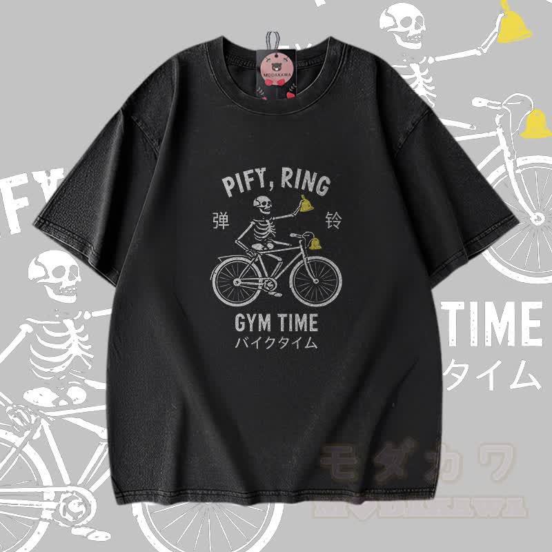 PIFY RING GYM TIME Skelett-Grafik Modakawa Vintage Washed 100% Baumwoll-T-Shirt - Schwarz - 5XL - image 1