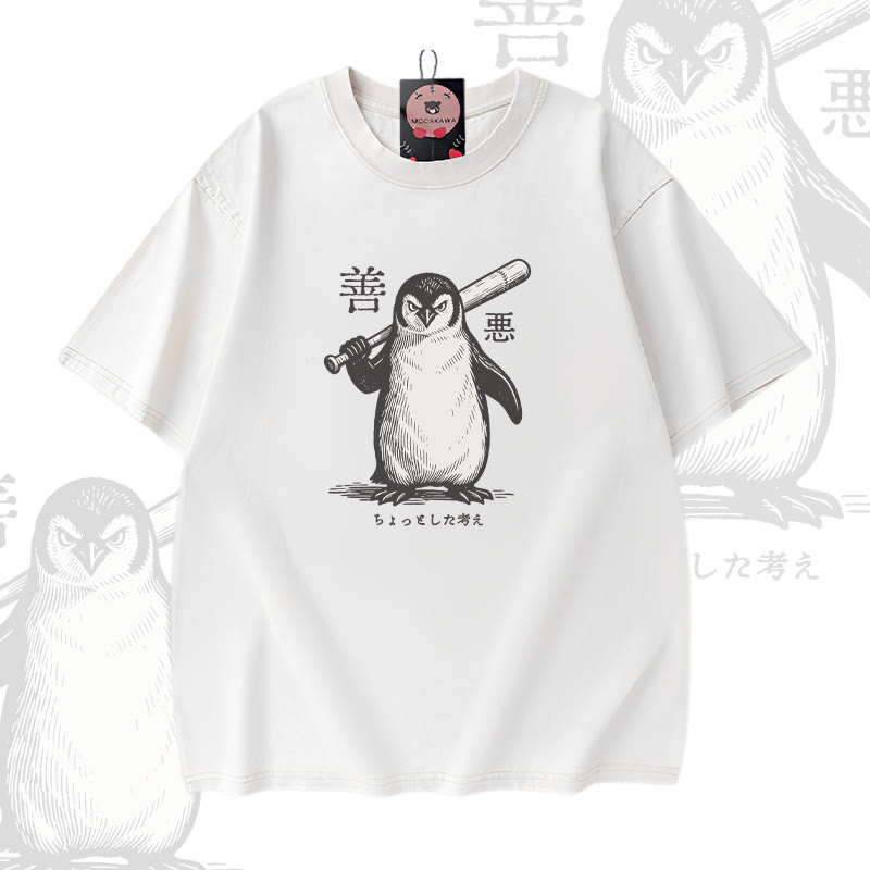 Modakawa Vintage-T-Shirt aus 100 % Baumwolle mit Pinguin-Baseballschläger-Motiv, gewaschen - White - 5XL - image 1