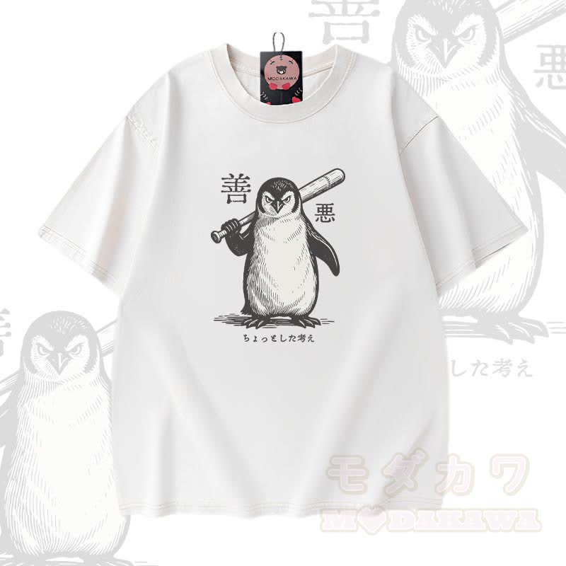 Modakawa Vintage-T-Shirt aus 100 % Baumwolle mit Pinguin-Baseballschläger-Motiv, gewaschen - Weiß - 5XL - image 1