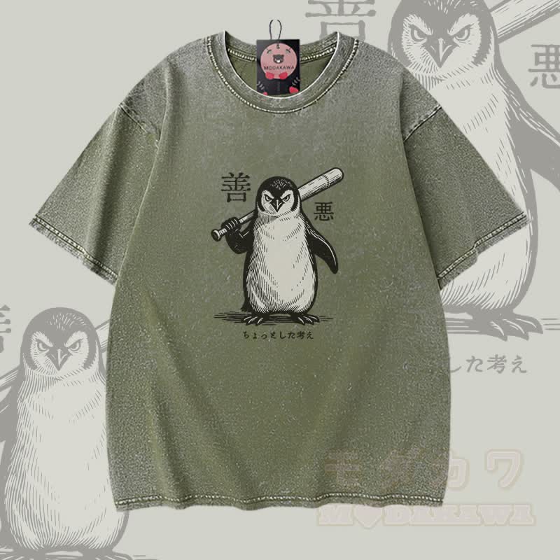 Modakawa Vintage-T-Shirt aus 100 % Baumwolle mit Pinguin-Baseballschläger-Motiv, gewaschen - Grün - 5XL - image 3