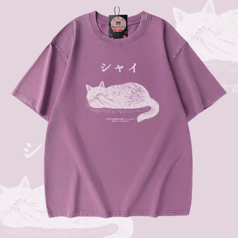 Modakawa Vintage-T-Shirt aus 100 % Baumwolle mit liegender Katze (Grafik) - Purple - 5XL - image 1