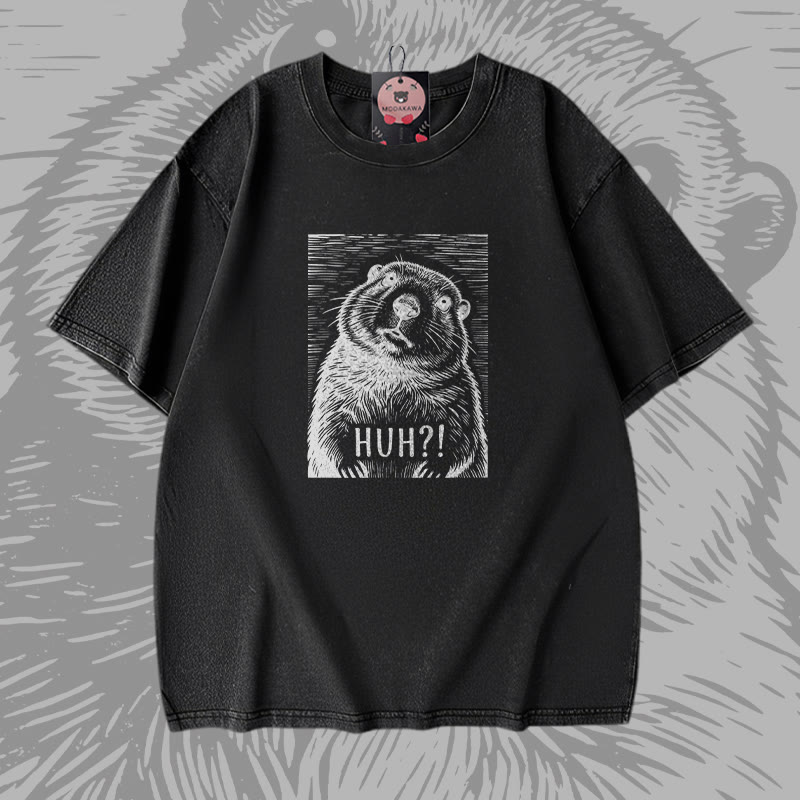 HUH Seeotter-Grafik Modakawa Vintage gewaschenes T-Shirt aus 100 % Baumwolle - Black - 5XL - image 1