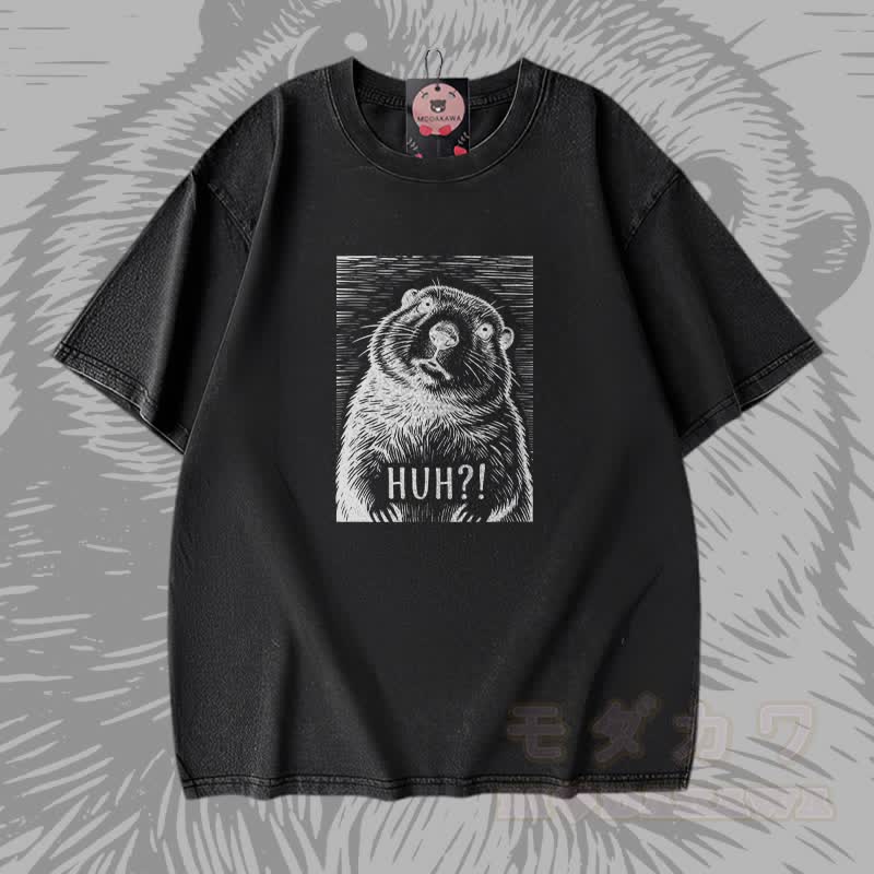 HUH Seeotter-Grafik Modakawa Vintage gewaschenes T-Shirt aus 100 % Baumwolle - Schwarz - 5XL - image 1