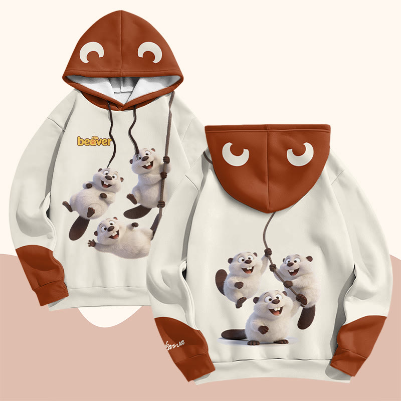 Modakawa Pullover Hoodie mit Bibermotiv - Beige & Brown - 6XL - image 1