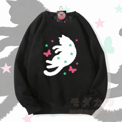 Modakawa Sweatshirt mit Sternen-, Schmetterlings- und Katzenmotiv - Schwarz - 5XL - image 2