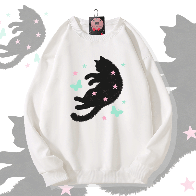 Modakawa Sweatshirt mit Sternen-, Schmetterlings- und Katzenmotiv - White - 5XL - image 1