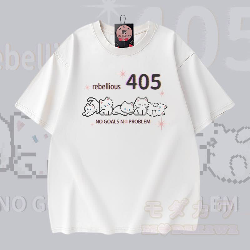 REBELLIOUS 405 Katzenmotiv Modakawa Vintage Washed 100% Baumwoll-T-Shirt - Weiß - 5XL - image 2