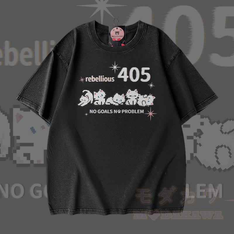 REBELLIOUS 405 Katzenmotiv Modakawa Vintage Washed 100% Baumwoll-T-Shirt - Schwarz - 5XL - image 1