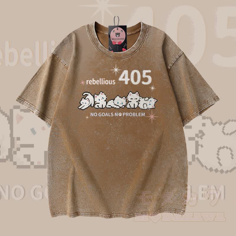 REBELLIOUS 405 Katzenmotiv Modakawa Vintage Washed 100% Baumwoll-T-Shirt - Braun - 5XL - image 4