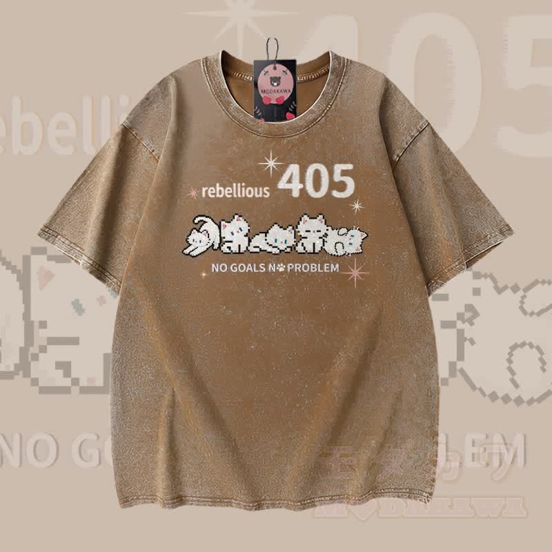 REBELLIOUS 405 Katzenmotiv Modakawa Vintage Washed 100% Baumwoll-T-Shirt - Braun - 5XL - image 4