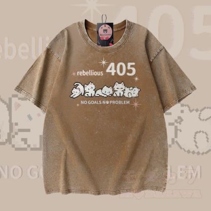 REBELLIOUS 405 Katzenmotiv Modakawa Vintage Washed 100% Baumwoll-T-Shirt - Braun - 5XL - image 4