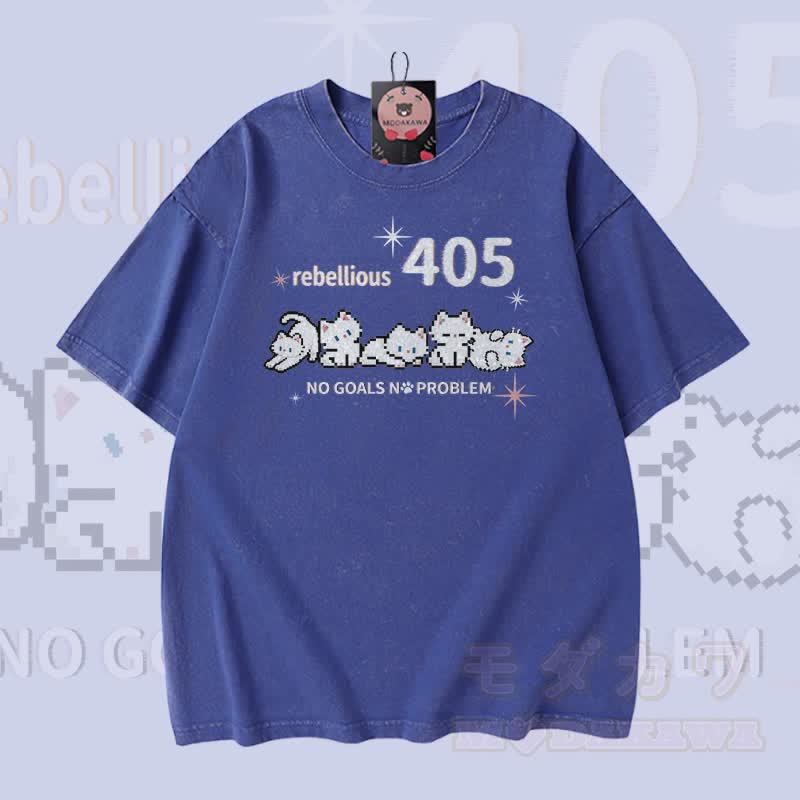 REBELLIOUS 405 Katzenmotiv Modakawa Vintage Washed 100% Baumwoll-T-Shirt - Blau - 5XL - image 3