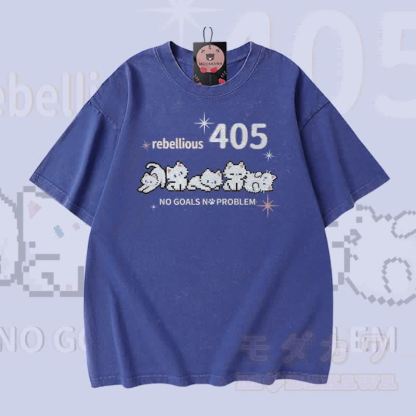 REBELLIOUS 405 Katzenmotiv Modakawa Vintage Washed 100% Baumwoll-T-Shirt - Blau - 5XL - image 3