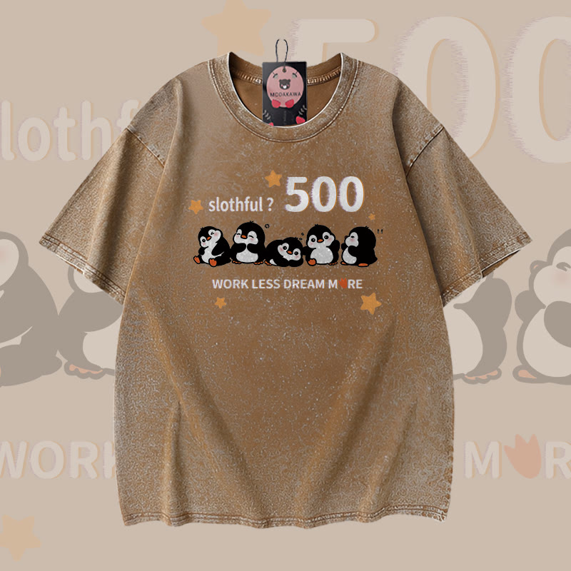 Faulpelz 500 Pinguin Grafik Modakawa Vintage gewaschenes T-Shirt aus 100% Baumwolle - Brown - 5XL - image 1