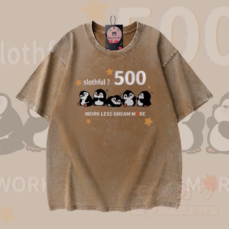Faulpelz 500 Pinguin Grafik Modakawa Vintage gewaschenes T-Shirt aus 100% Baumwolle - Braun - 5XL - image 1