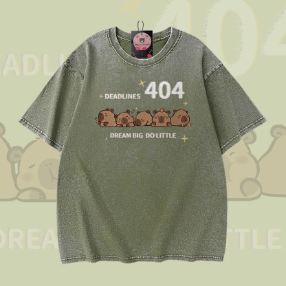 DEADLINES 404 Capybara Graphic Modakawa Vintage Washed 100% Cotton T-Shirt - Green - 5XL - image 1