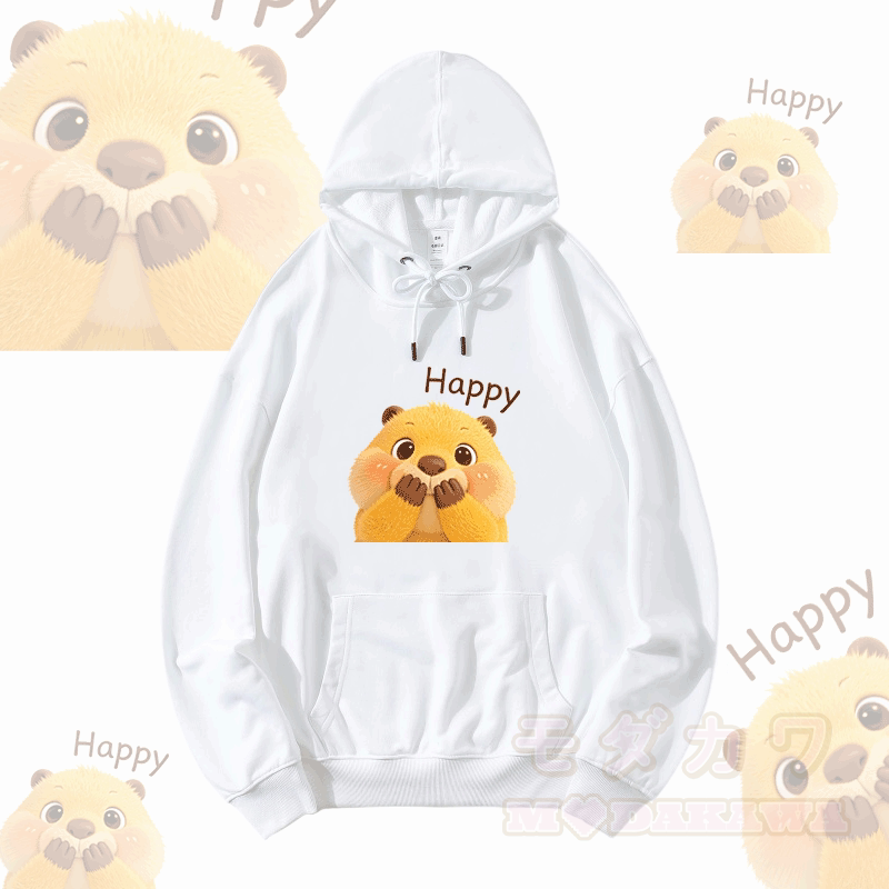 Modakawa Hoodie mit HAPPY Capybara-Modifikationsmotiv und lockerer Passform aus Baumwollmischgewebe - Weiß - 5XL - image 1