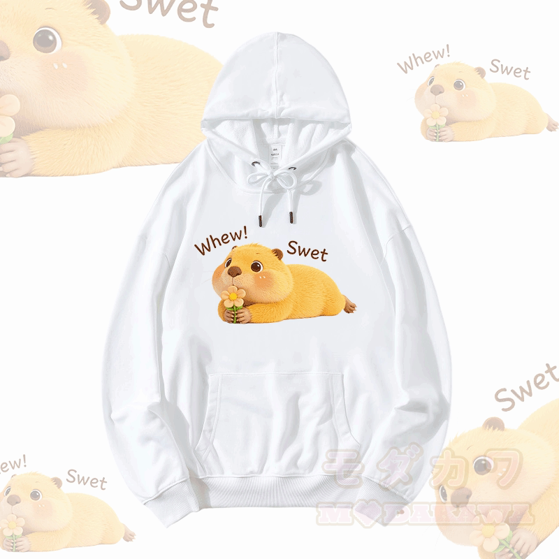 WHEW SWET Capybara Graphic Modakawa Loose Cotton-Blend Hoodie - Weiß - 5XL - image 1