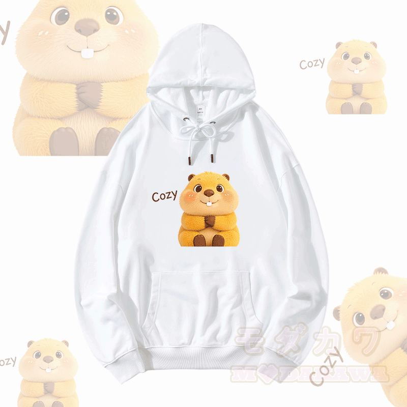 COZY Capybara Graphic Modakawa Loose Cotton-Blend Hoodie - Weiß - 5XL - image 1