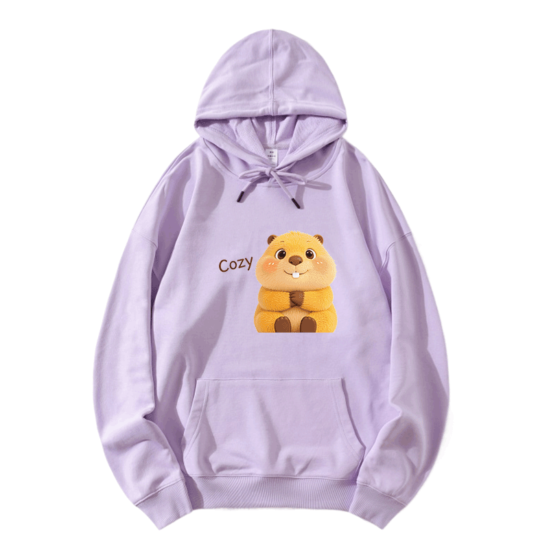 COZY Capybara Graphic Modakawa Loose Cotton-Blend Hoodie - Light Purple - 5XL - image 5