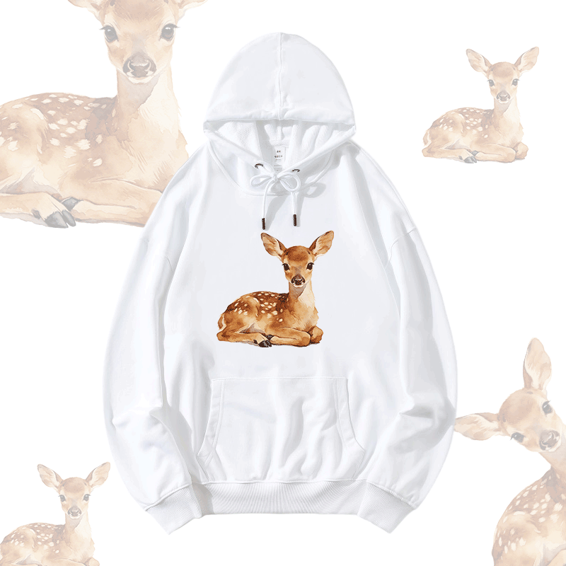 Modakawa Hoodie mit niedlichem Rehbaby-Motiv, locker geschnitten aus Baumwollmischgewebe - White - 5XL - image 1