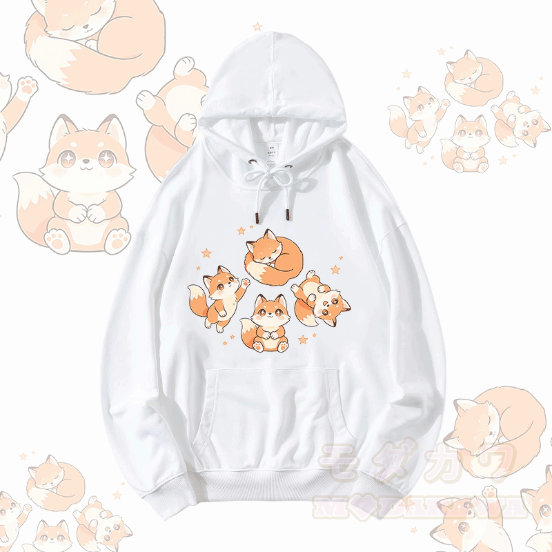 Modakawa Hoodie mit niedlichem Fuchs-Motiv, locker geschnitten, aus Baumwollmischgewebe - Weiß - 5XL - image 1