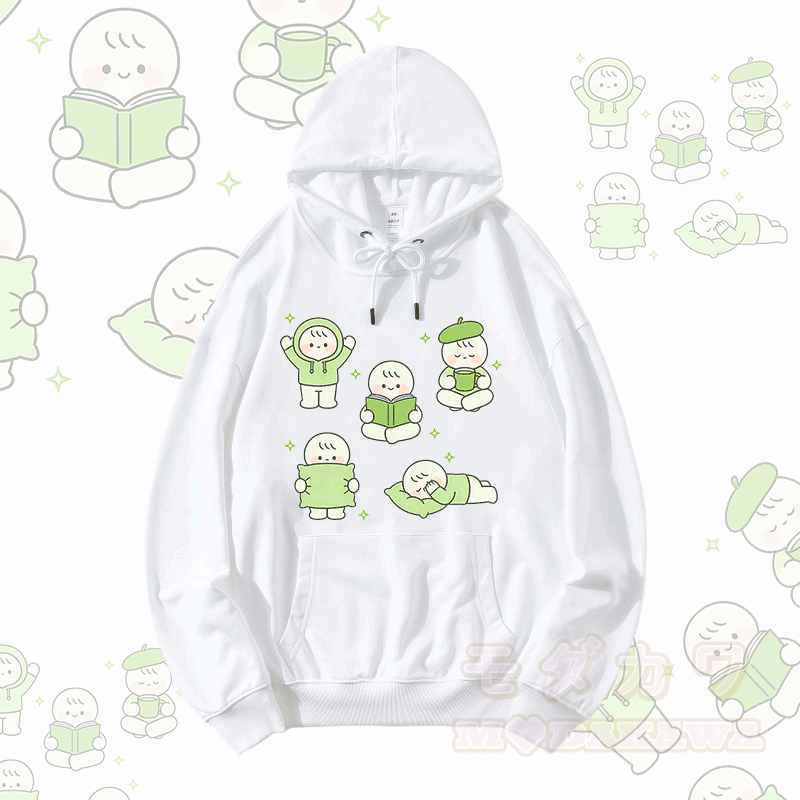 Modakawa Hoodie mit niedlichem kleinen Charakter-Motiv, locker geschnitten aus Baumwollmischgewebe - Weiß - 5XL - image 1