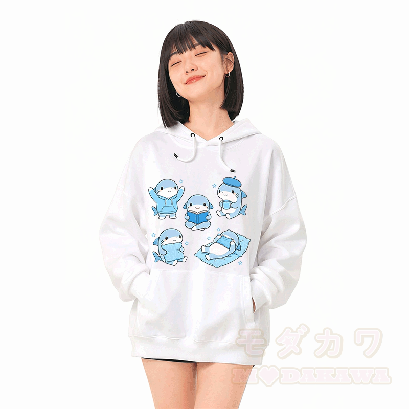 Modakawa Hoodie mit niedlichem Hai-Motiv, locker geschnitten, aus Baumwollmischgewebe - image 2