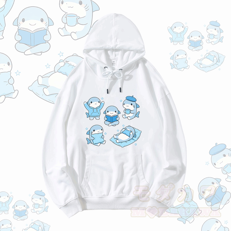 Modakawa Hoodie mit niedlichem Hai-Motiv, locker geschnitten, aus Baumwollmischgewebe - Weiß - 5XL - image 1