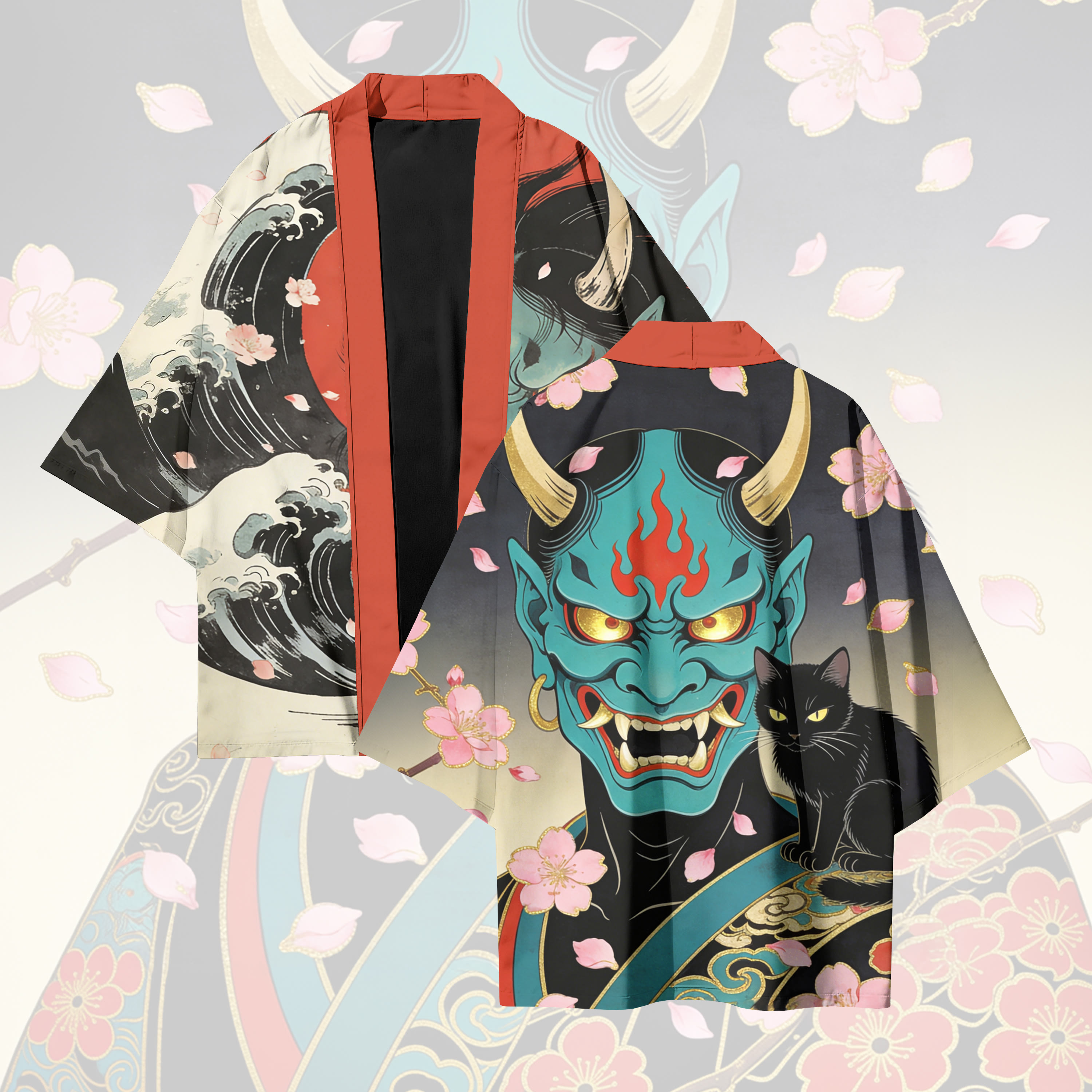 Prajna Cat Graphic Modakawa Cardigan Kimono Oberbekleidung - Black & Red - 3XL - image 1