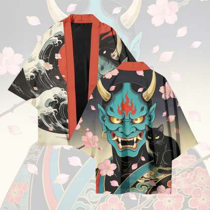 Prajna Cat Graphic Modakawa Cardigan Kimono Oberbekleidung - Schwarz & Rot - 3XL - image 1