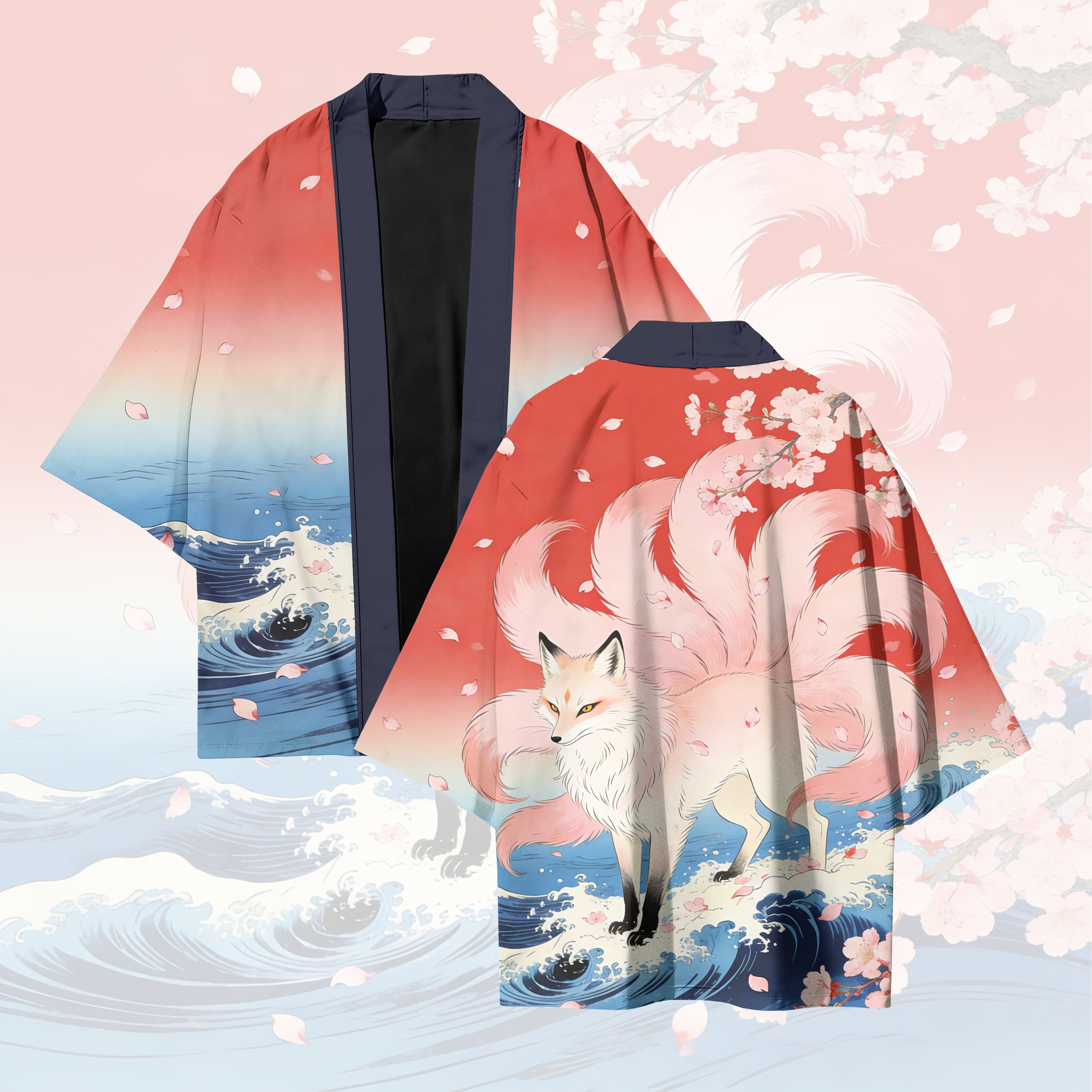Modakawa-Cardigan-Kimono mit neunschwänzigem Fuchs-Motiv - Red - 3XL - image 1