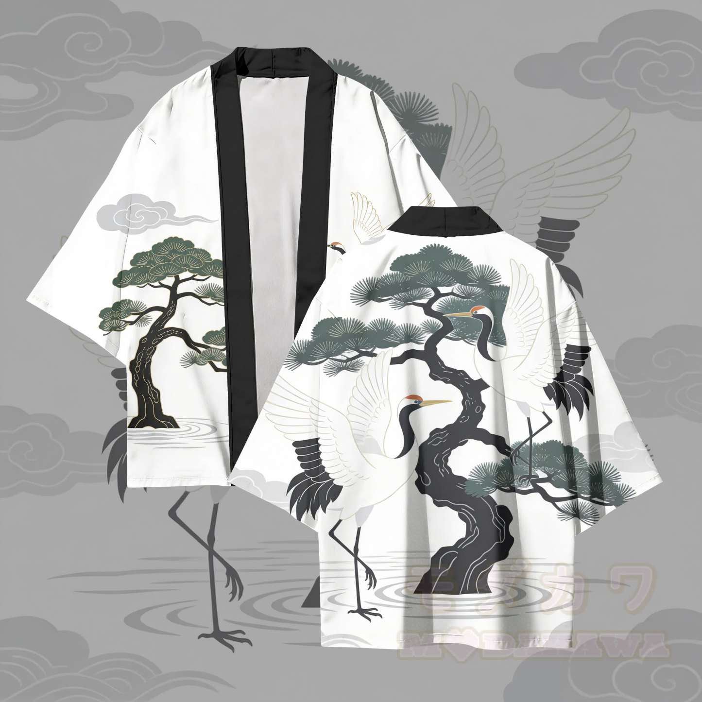 Modakawa-Cardigan mit Kiefernbaum- und Kranichmotiv, Kimono-Oberbekleidung - Schwarzweiß - 3XL - image 1