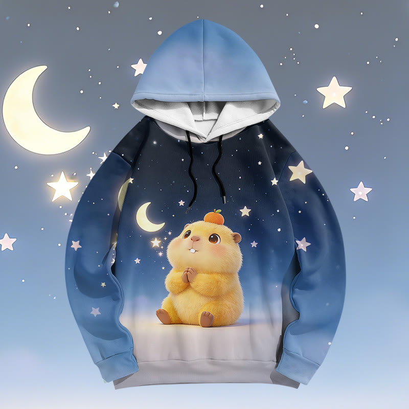 Capybara Moon Graphic Modakawa Pullover Hoodie - Blue - 6XL - image 1